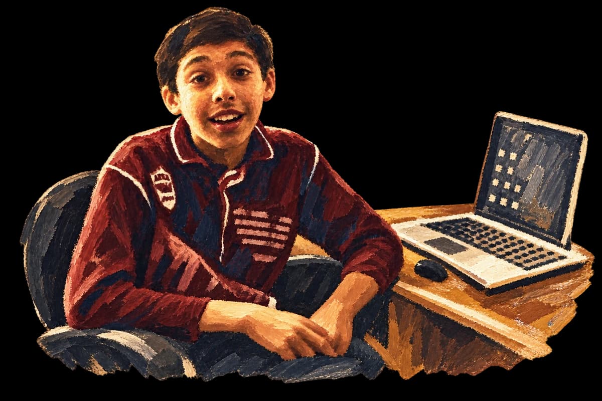 Adil as a boy sitting beside his laptop, painted with loose brushstrokes.