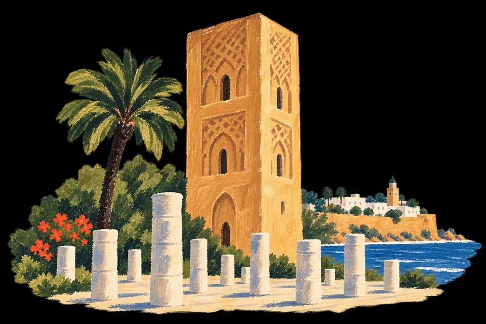 Hassan Tower and palm trees in Rabat, painted with loose brushstrokes.