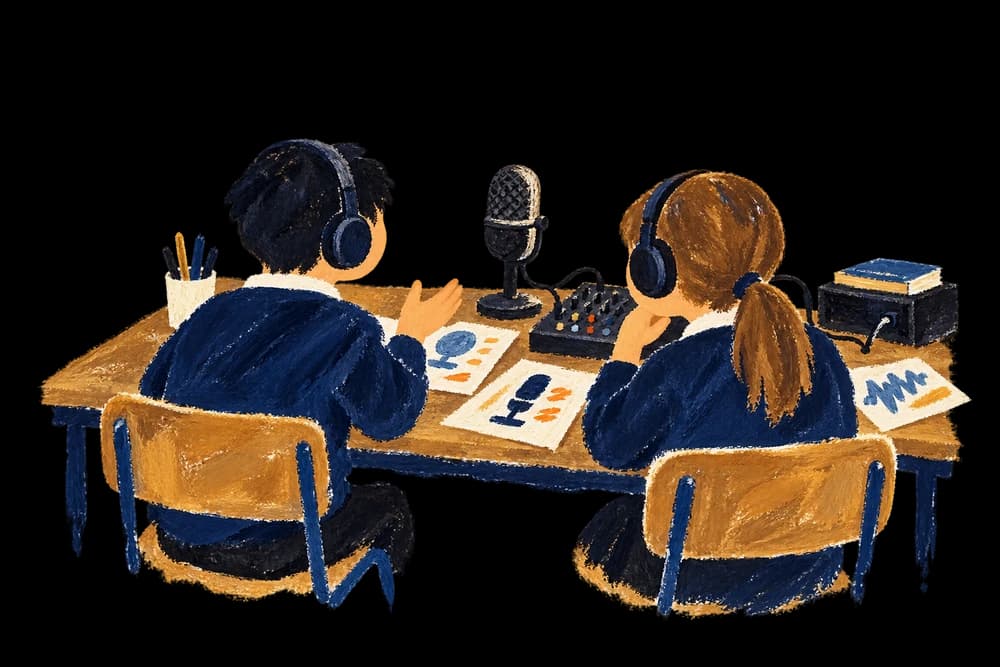 An imagined school radio desk with a microphone, headphones and flyers.